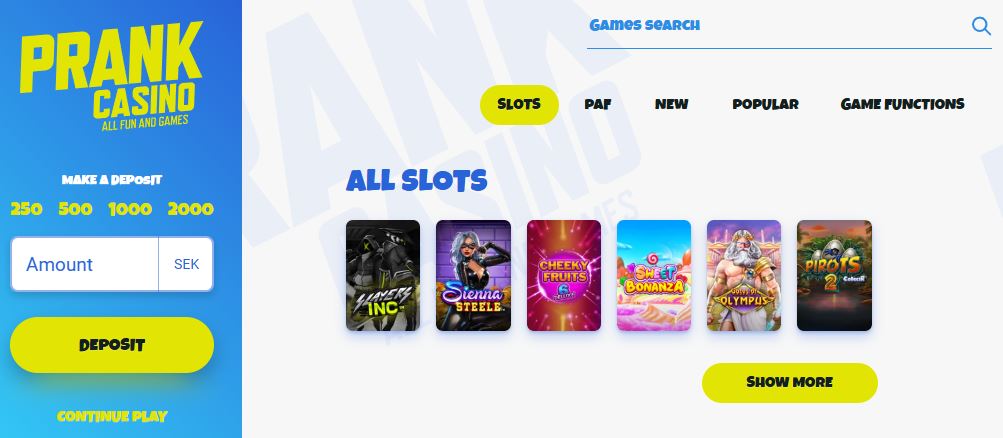 Selaa kaikkia saatavilla olevia kolikkopelejä Prank Casino sivustolla